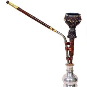 Traditional Haryanvi Hookah with Decorative Mesh Design, 20 Inch Height, Wooden Stem, Aluminum Base, 400g Weight, Black Metal Chillum